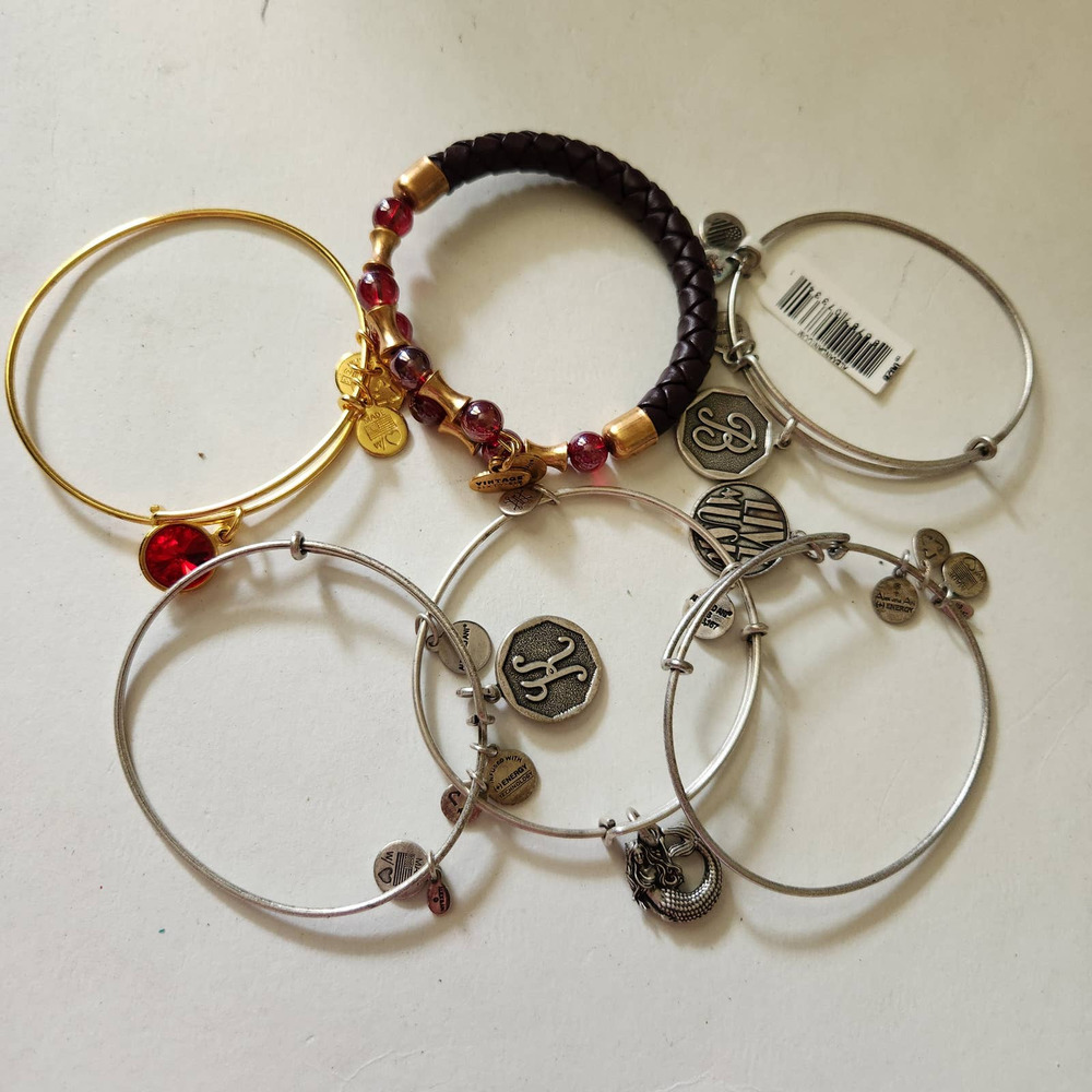 Lot of 6 Alex and Ani Bangle Bracelets Adjustable Silver Gold Tone